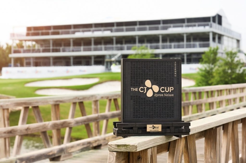 THE CJ CUP Byron Nelson Champion’s Trophy, the name of past winners engraved in Korean.