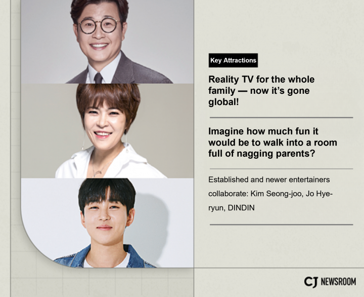 Reality TV for the whole family — now it’s gone global! Imagine how much fun it would be to walk into a room full of nagging parents?Established and newer entertainers collaborate: Kim Seong-joo, Jo Hye-ryun, DINDIN


