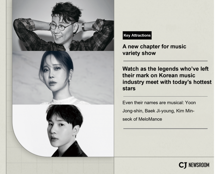 A new chapter for music variety show. Watch as the legends who’ve left their mark on Korean music industry meet with today's hottest stars. Even their names are musical: Yoon Jong-shin, Baek Ji-young, Kim Min-seok of MeloMance

