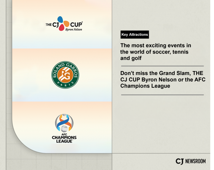 The most exciting events in the world of soccer, tennis and golf. Don’t miss the Grand Slam, THE CJ CUP Byron Nelson or the AFC Champions League



