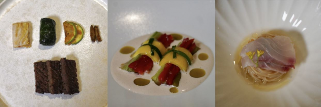 Three courses from the dinner are shown from left to right: a steak dish, a kimchi appetizer and a noodle dish. 
