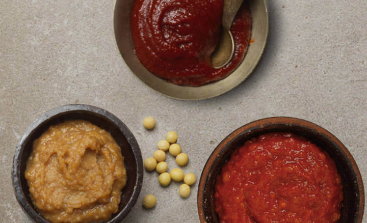 Image of three variety of Korean sauces: Doenjang, Gochujang and Ssamjang 
