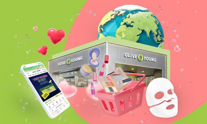 Pink and green thumbnail image for Olive Young. A globe with Europe and Africa is behind an Olive Young store with a shopping cart, face mask and cell phone. 
