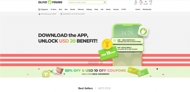 The English version of the Olive Young Global website features five best-selling and three highlighted Korean makeup and skincare products.
