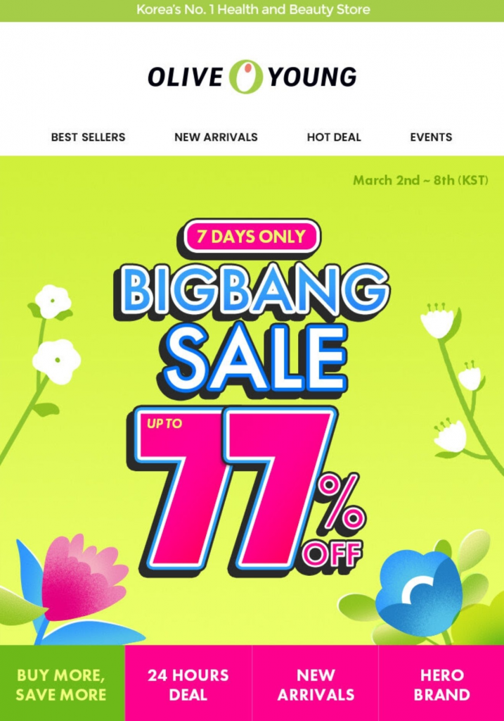 Olive Young Global website screenshot, including a sale banner that features a 77% discount.

