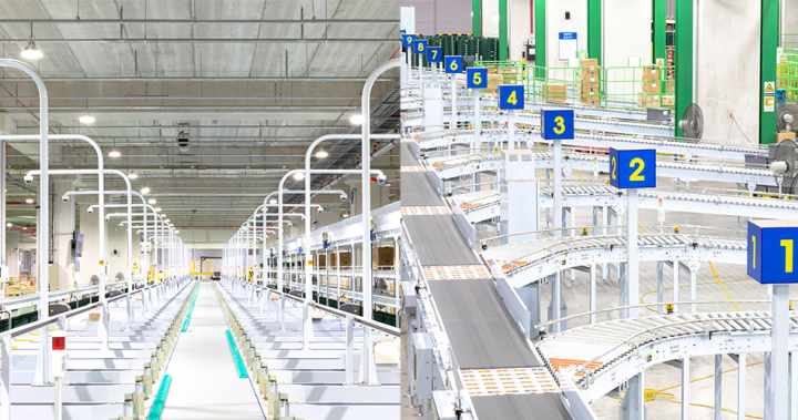 (Left) Automated sorting line inside CJ Logistics facility
(Right) Conveyor system with numbered stations inside the CJ Logistics warehouse