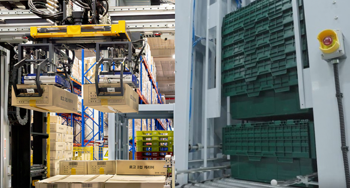 (Left) Depalletizer at CJ Logistics handling boxes for automated logistics operations
(Right) Destacker with green containers in a CJ Logistics facility.