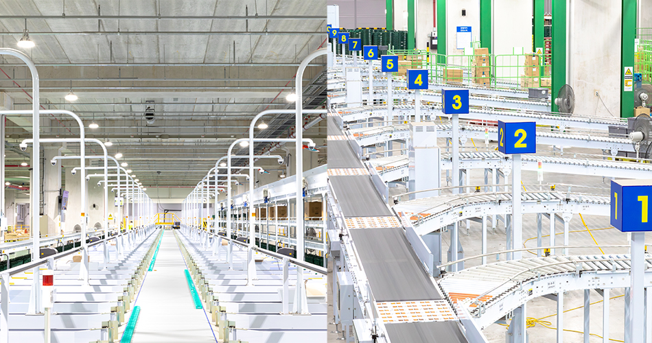 (Left) Automated sorting line inside CJ Logistics facility
(Right) Conveyor system with numbered stations inside the CJ Logistics warehouse
