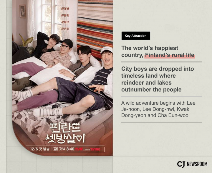 City boys resting in their rooms on the show “Rented in Finland” with a Korean description of surrounded by tan background.