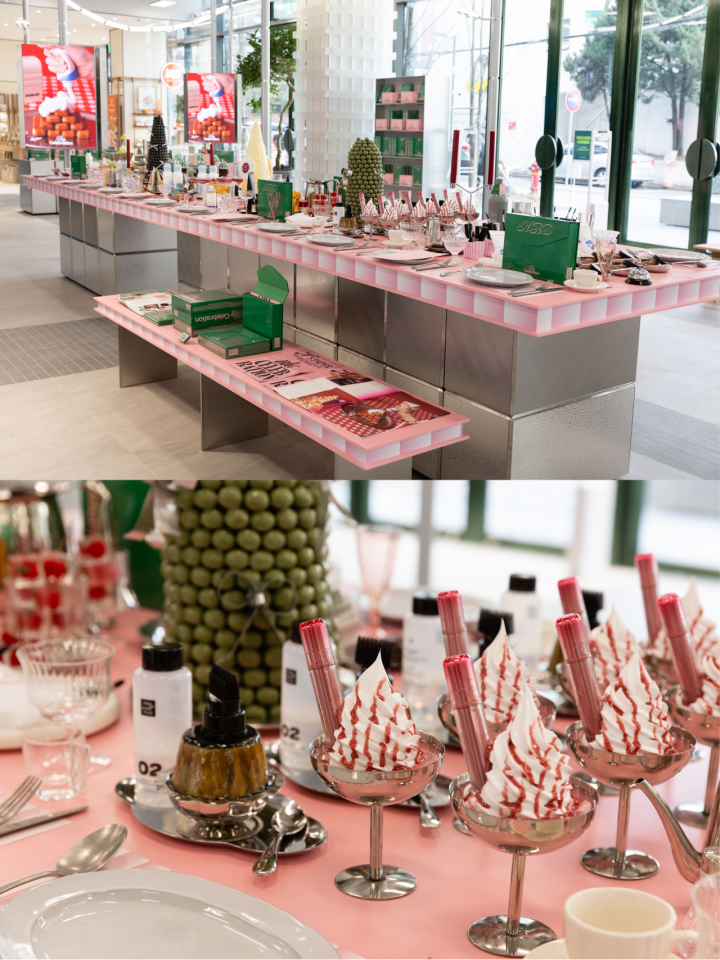 The Trend Fountain on the first floor of Olive Young N Seongsu was decorated with food and makeup.
