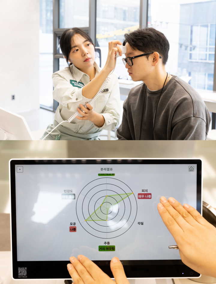 A person receiving training on skincare after being skin condition identification at the Olive Young N Seongsu store.
