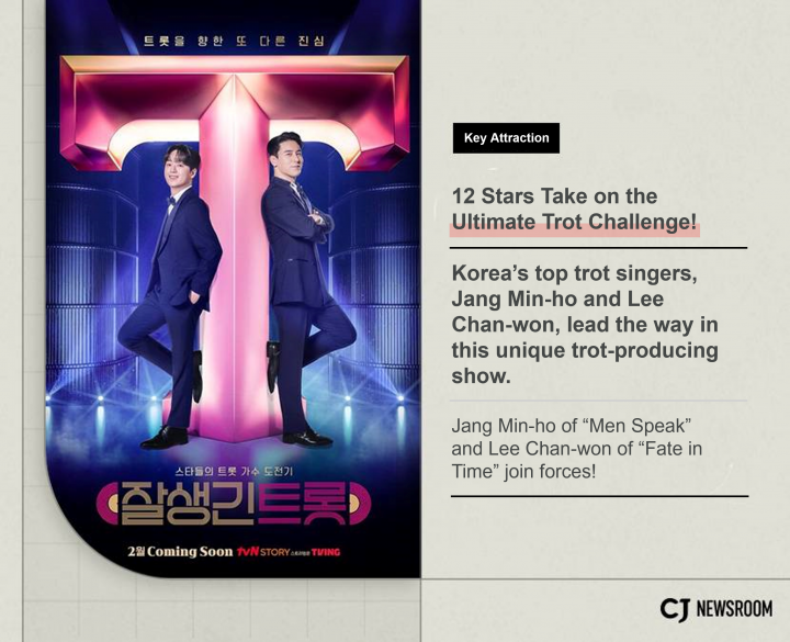 Poster for “Handsome Trot,” a reality competition where 12 stars take on the challenge of becoming trot singers, led by Jang Min-ho and Lee Chan-won.