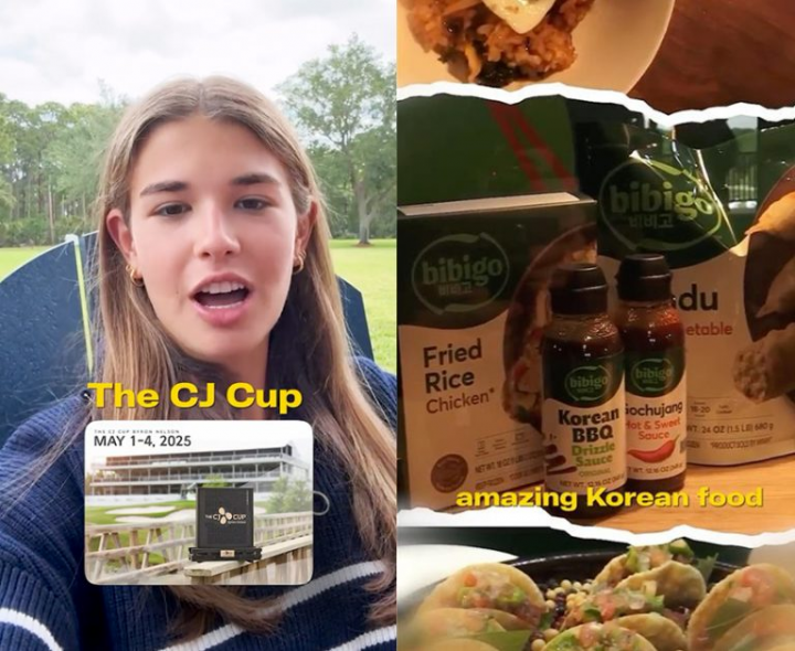 Kai Trump on the left side with an insert of THE CJ CUP trophy; bibigo products on the right with caption “amazing Korean food”
