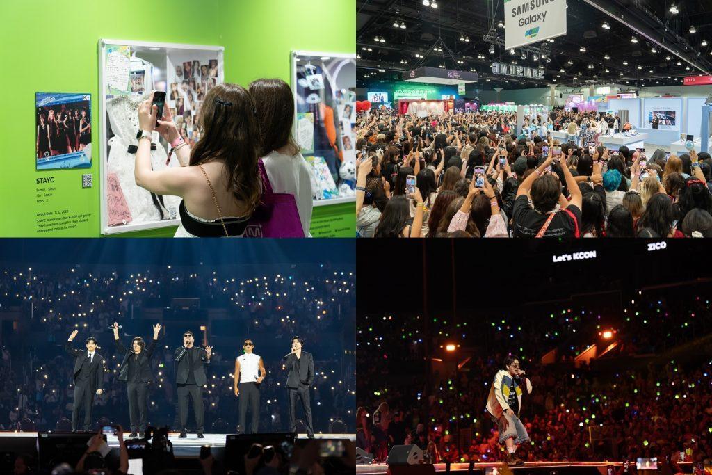 Four images: two fans taking photos of posters, a crowd at a Samsung Galaxy event, a boy group singing, and a male singer.