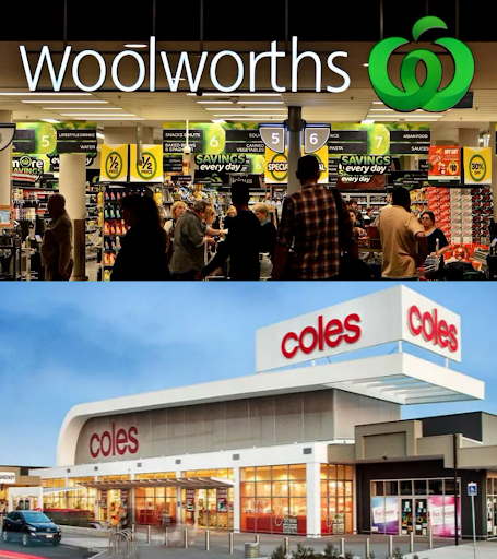 On top: Several customers shop inside a busy Woolworths grocery store. On bottom: An external shot of a Coles supermarket against a cloudy sky.