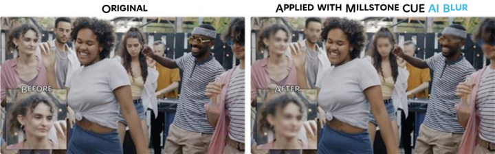 A side-by-side showing video footage of several people dancing before and after using AI Blur in Millstone CUE.
