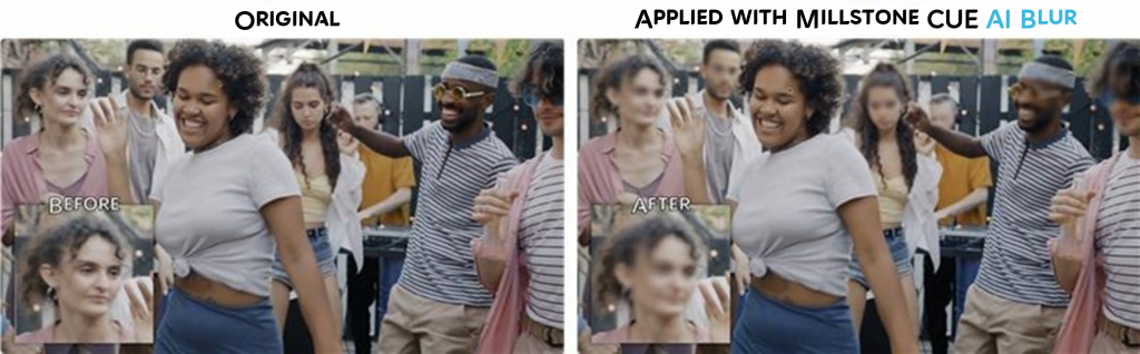 A side-by-side showing video footage of several people dancing before and after using AI Blur in Millstone CUE.
