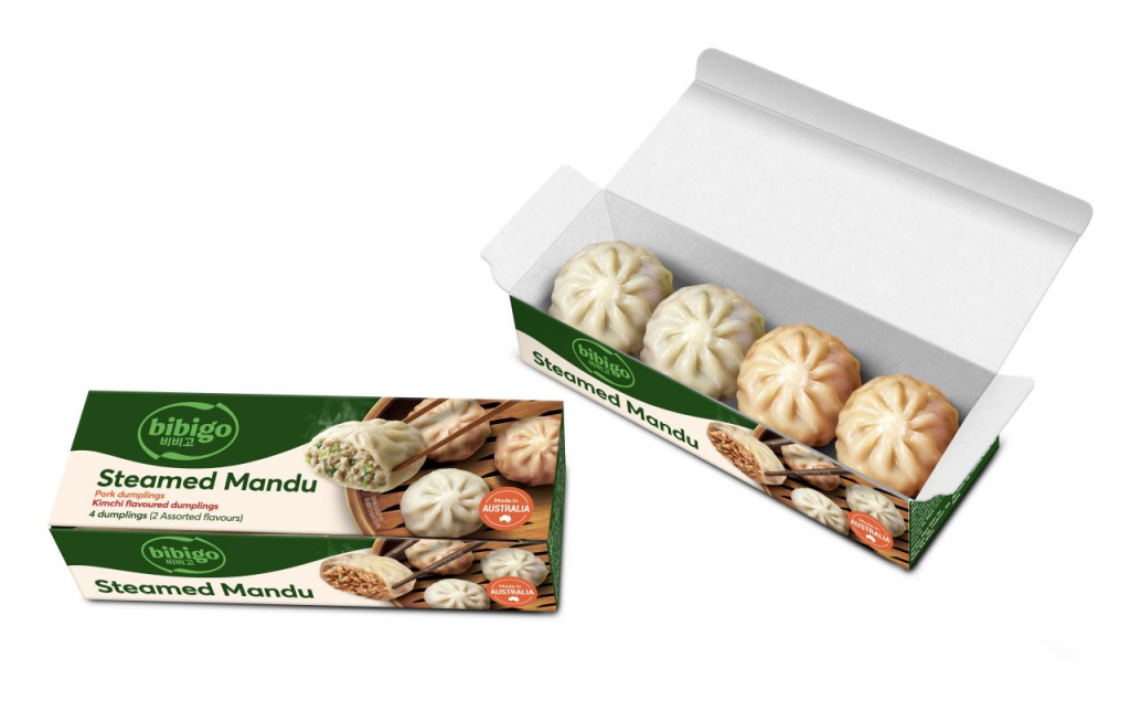 Two packages of bibigo Steamed Mandu, one open, one closed.