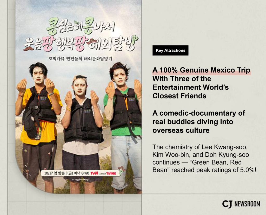 “GBRB: Joy Pops Laugh Pops” promo poster showing Lee Kwang-soo, Doh Kyung-soo and Kim Woo-bin with their hands up, looking emotionless.
