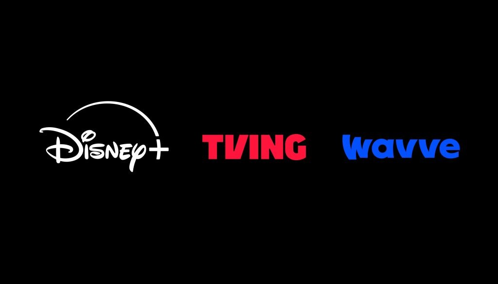 Logos of TVING, Disney+ and Wavve displayed together on a black background.