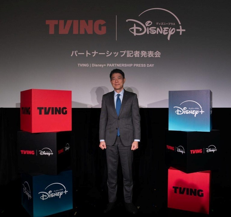 Walt Disney Company Japan President Tamotsu Hiiro at a promotional event for TVING and Disney+.
