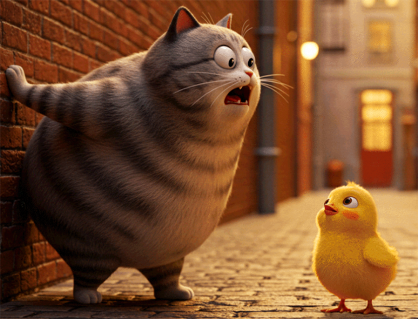 A still from “Cat Biggie,” showing an AI-generated cat and baby chick.
