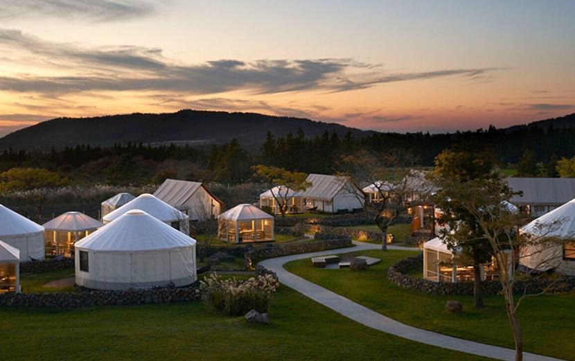 A wide shot of several tents and vacation homes among a grassy, wooded area.