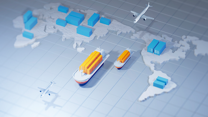Image of a global map with cargo ships, planes and logistic hubs around the world