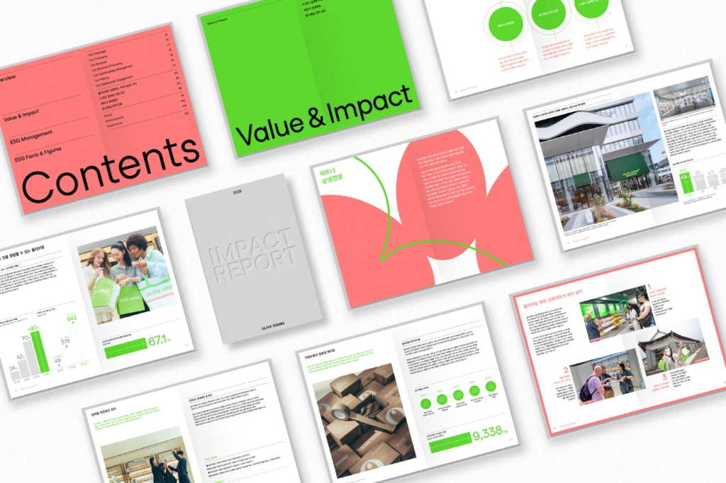 Inside pages of CJ Olive Young’s 2025 Impact Report