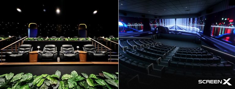 Interior of CGV's SCREENX Gold 1 theater (left) with premium recliner seats.
SCREENX 1 theater (right) featuring 270-degree immersive viewing.