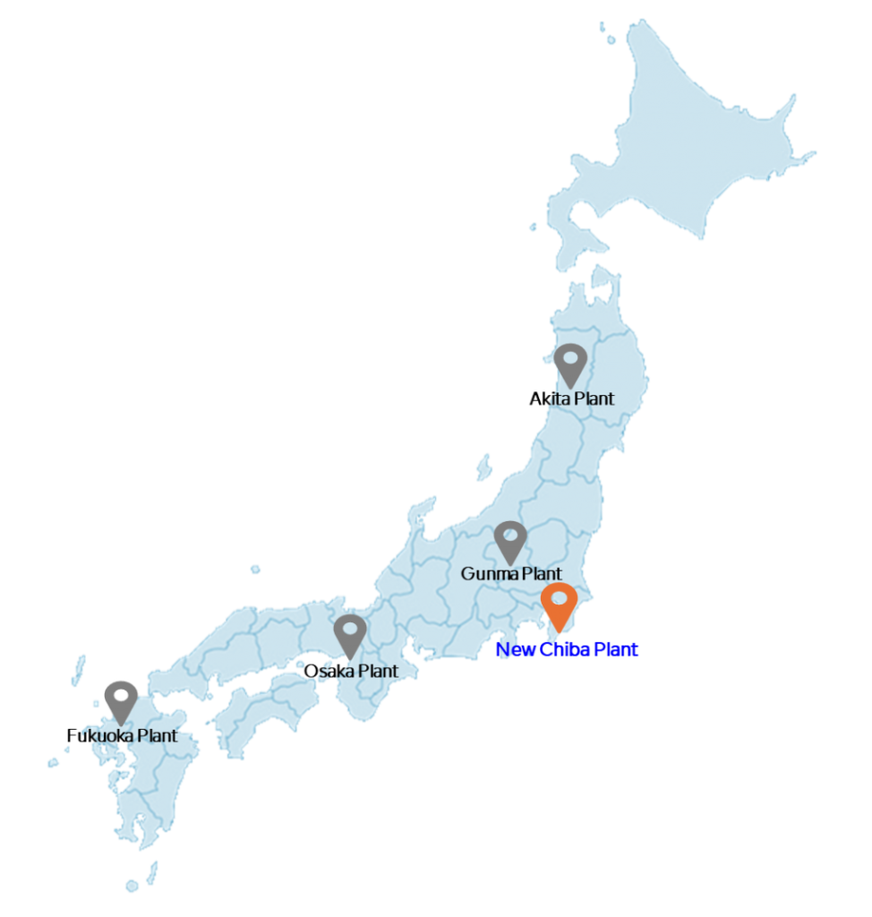 A geographical map of Japan with the locations of five CJ Foods facilities marked in Korean
