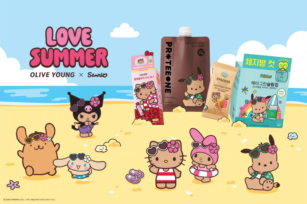 An illustrated Olive Young x Sanrio poster of a beach with Sanrio characters and special products with the headline “LOVE SUMMER.”
