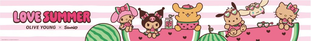 An illustrated Olive Young x Sanrio banner with several characters on large watermelons next to a “LOVE SUMMER” headline.
