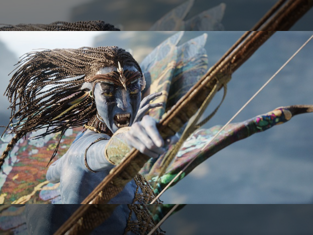 A still image from “Avatar: Fire and Ash” showing Neytiri shooting a crossbow.