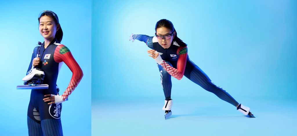 Team CJ Kim Min-sun poses in a national team speed skating suit.