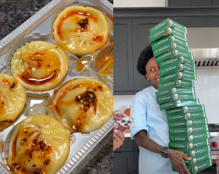 Prepared bibigo steamed dumplings on the left and Kim of RK EMPIREE holding a stack of bibigo steamed dumpling packages on the right.