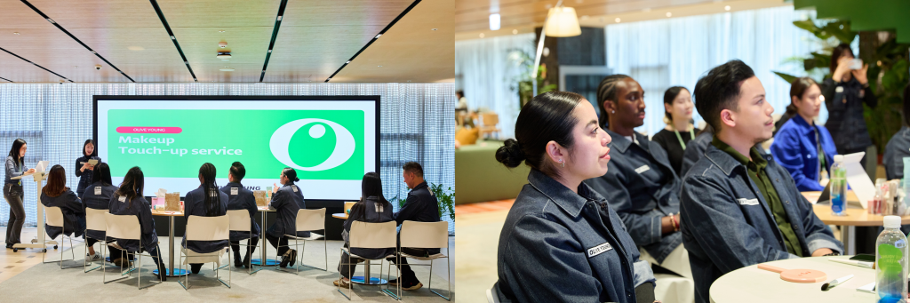 Two photos show U.S. store managers and assistant store managers attending an OLIVE YOUNG HQ training session at OLIVE YOUNG N Seongsu.