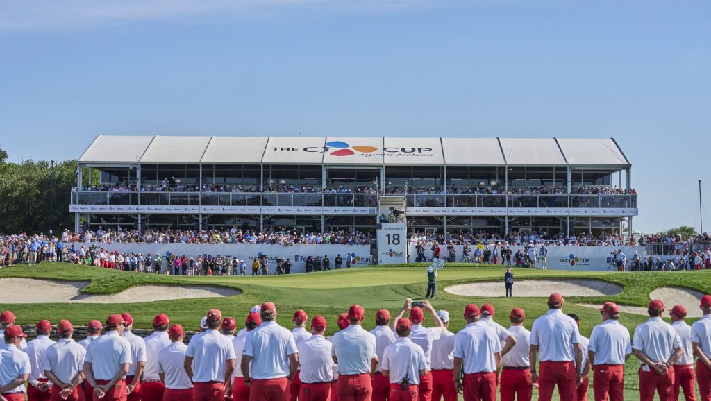 Salesmanship Club of Dallas members wearing the organization’s signature red pants prepare for the 2025 THE CJ CUP Byron Nelson awards ceremony.