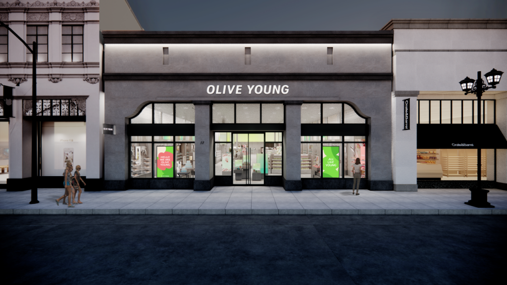Architectural rendering of OLIVE YOUNG Pasadena, showing the exterior of the brand’s first U.S. store with an illuminated sign, glass entrance and display windows.