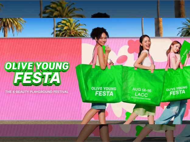 Promotional visual for OLIVE YOUNG FESTA LA 2026 showing visitors carrying green OLIVE YOUNG FESTA tote bags, with August 14-16 and LACC displayed.