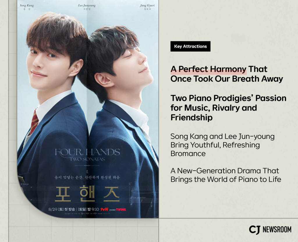 Promotional image for tvN's Four Hands, Two Sonatas featuring Song Kang, Lee Jun-young and Jang Gyu-ri.