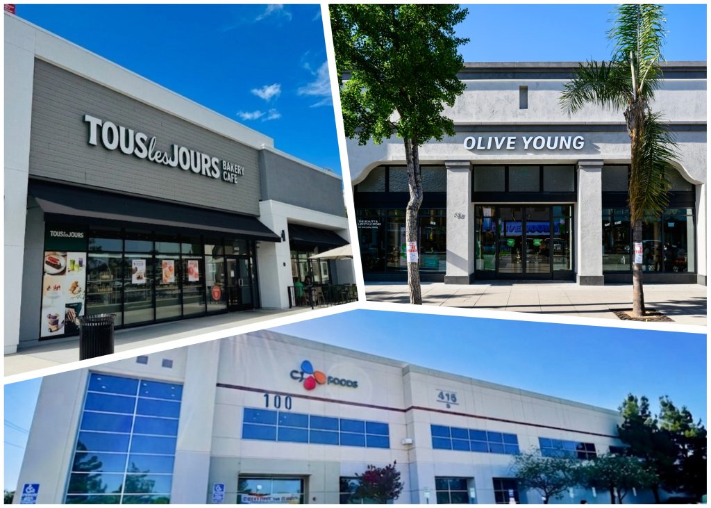 Three images showing the storefronts of TOUS les JOURS, OLIVE YOUNG, and CJ Foods.