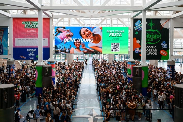 Visitors wait to enter KCON LA 2026, where OLIVE YOUNG FESTA LA 2026 was held.