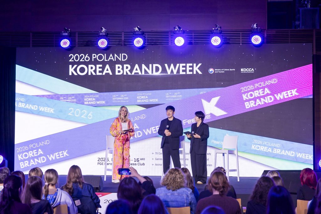Studio Dragon Chief Producer Kim Tae-hoon speaks onstage during a talk session at the 2026 Poland-Korea Brand Week.