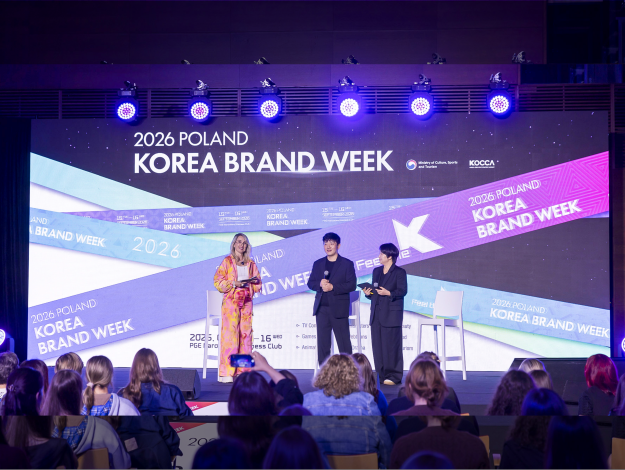 Studio Dragon Chief Producer Kim Tae-hoon speaks onstage during a talk session at the 2026 Poland-Korea Brand Week.