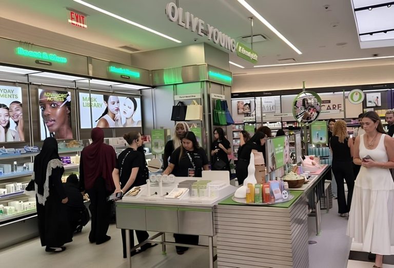Shoppers explore the OLIVE YOUNG K-Beauty Edit at Sephora, featuring curated K-beauty skincare products organized around beauty routines.