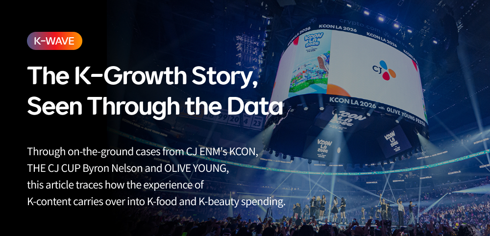 KCON LA 2026 venue behind the title graphic for CJ Group’s K-wave data analysis on K-content, K-food and K-beauty.