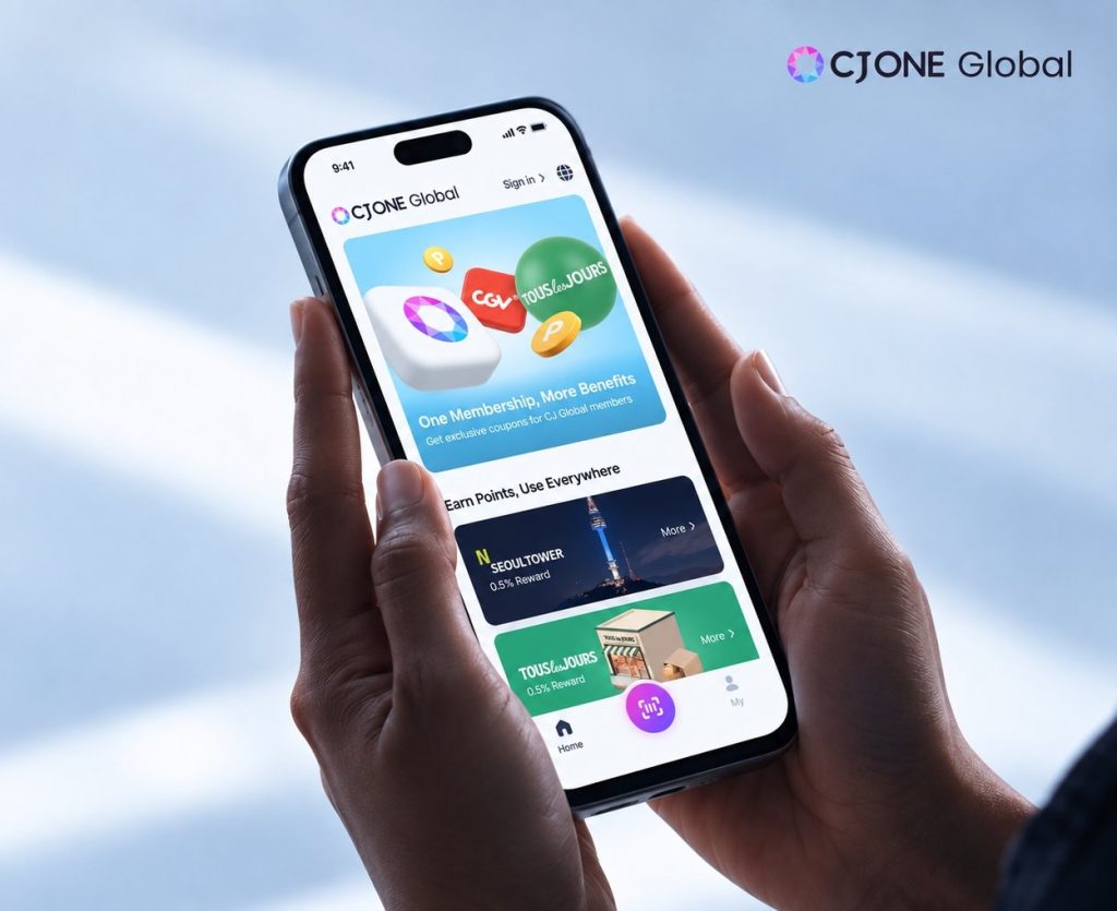 Hands holding a smartphone displaying the CJ ONE Global app
