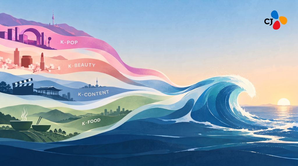 An illustrated graphic of a wave split by the categories K-pop, K-beauty, K-drama and K-food, with CJ affiliate icons attached.