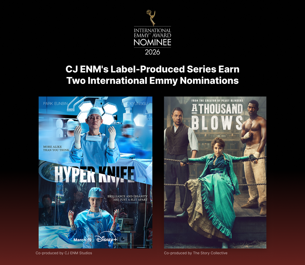 Posters for HYPER KNIFE (left) and A THOUSAND BLOWS (right), CJ ENM's label produced series nominated for the 54th International Emmy Awards